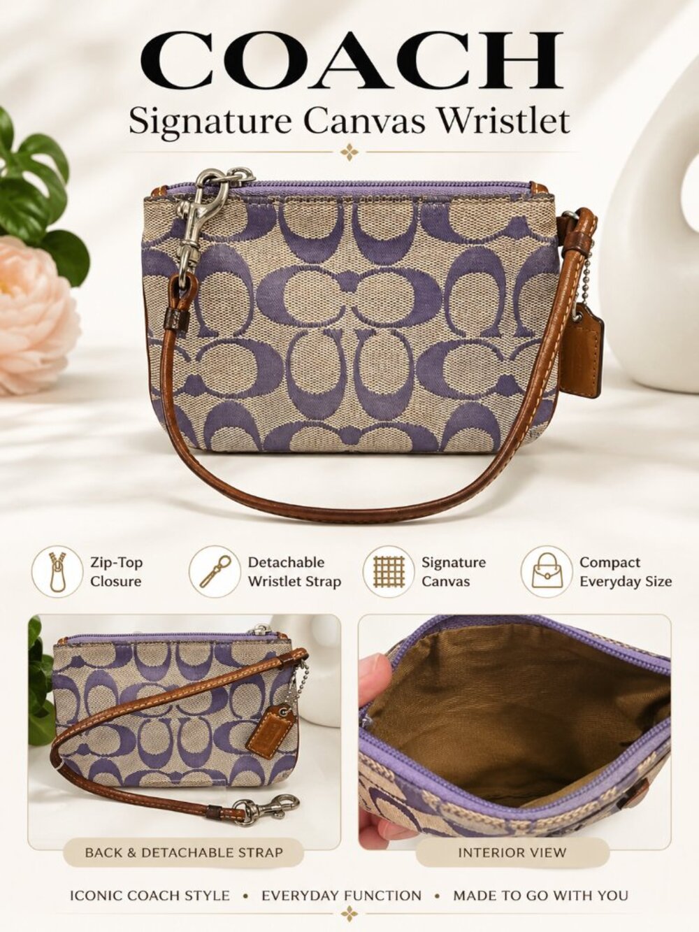 Coach Poppy Optic C Signature Purple Tan Canvas Wristlet